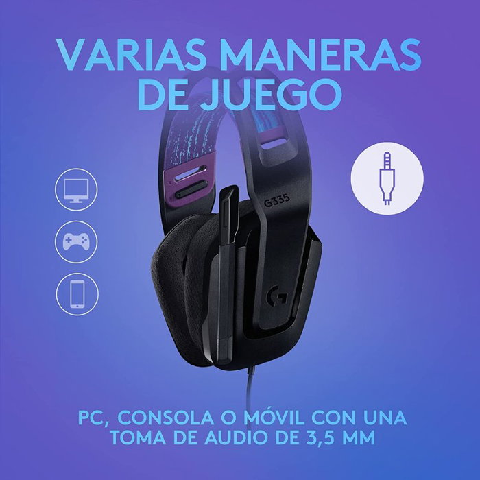 Logitech G335 Auriculares Gaming con Micrófono, Conexión Jack 3.5mm, Ligero 240g, Negro, Plug and Play para PC, Xbox, PlayStation, Switch